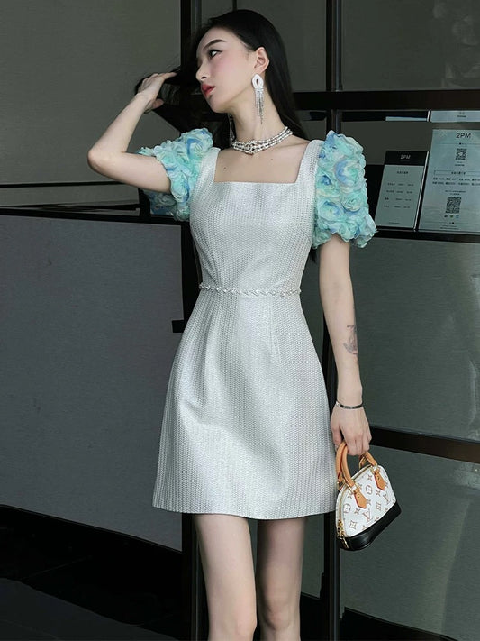 European Station Square Neck Dress Women's Summer Temperament Socialite High-end Light Luxury Niche Dress Waist Slimming Short Skirt