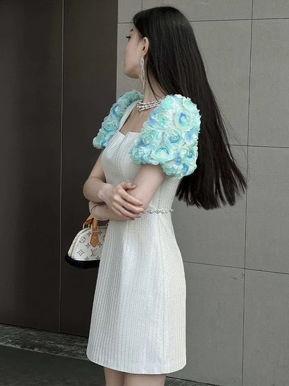 European Station Square Neck Dress Women's Summer Temperament Socialite High-end Light Luxury Niche Dress Waist Slimming Short Skirt