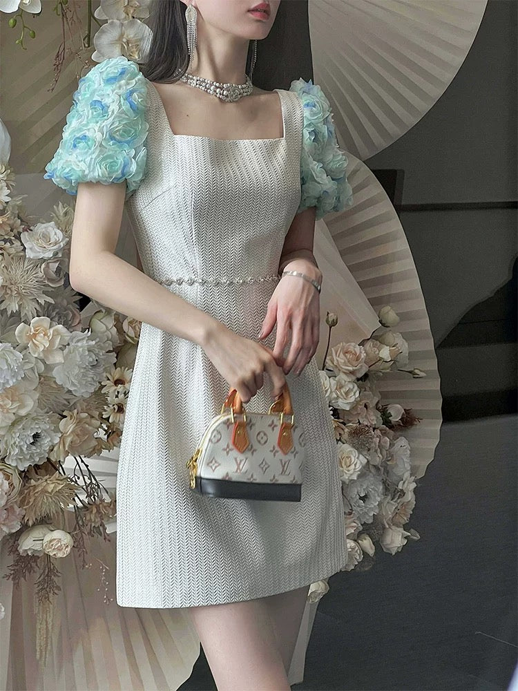 European Station Square Neck Dress Women's Summer Temperament Socialite High-end Light Luxury Niche Dress Waist Slimming Short Skirt