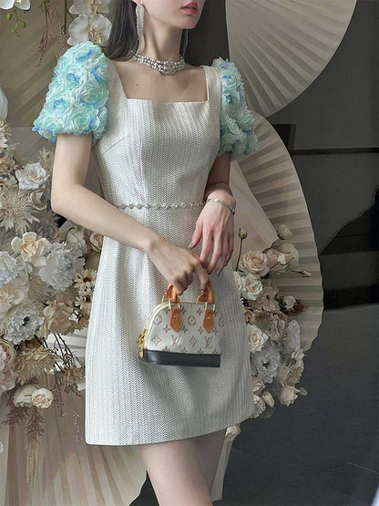 European Station Square Neck Dress Women's Summer Temperament Socialite High-end Light Luxury Niche Dress Waist Slimming Short Skirt