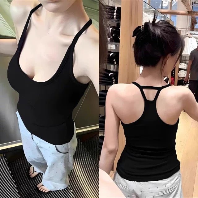 Hot girl backless halter neck suspenders for women in summer, versatile sports vest for slimming and beautiful back navy blue top