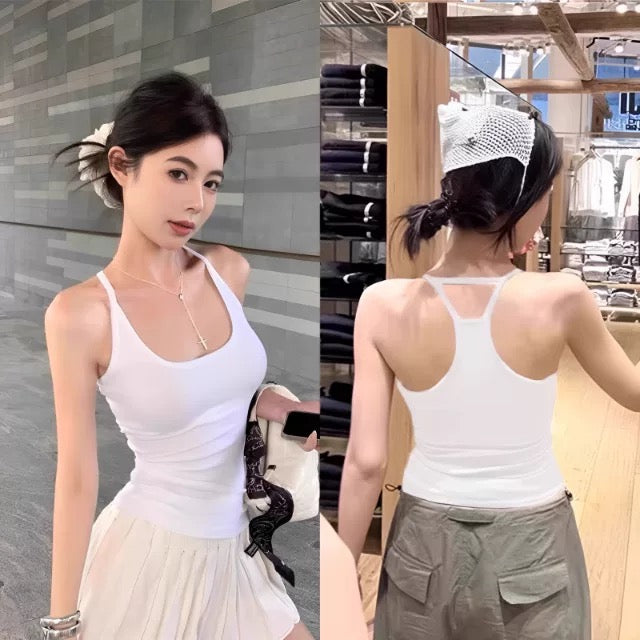Hot girl backless halter neck suspenders for women in summer, versatile sports vest for slimming and beautiful back navy blue top