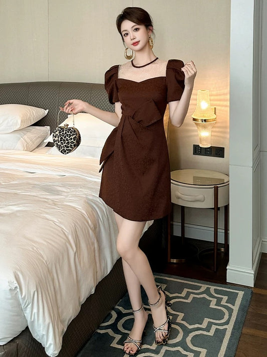 European Irregular Dress Women's Summer New French Bow Puff Sleeve Short Waist A-Line Skirt