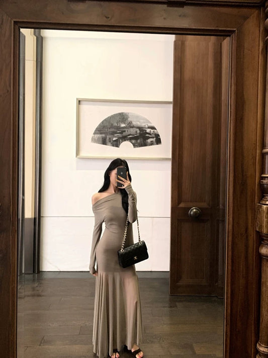 Kumikumi Temperament Retro Khaki Long Sleeve Dress Women's Summer Elastic Slim Fit Off-shoulder Long Dress