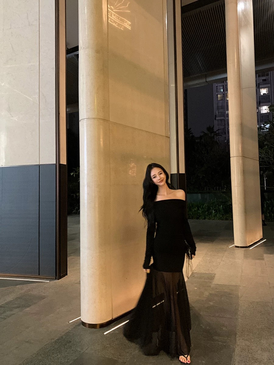 Kumikumi Temperament Retro Khaki Long Sleeve Dress Women's Summer Elastic Slim Fit Off-shoulder Long Dress