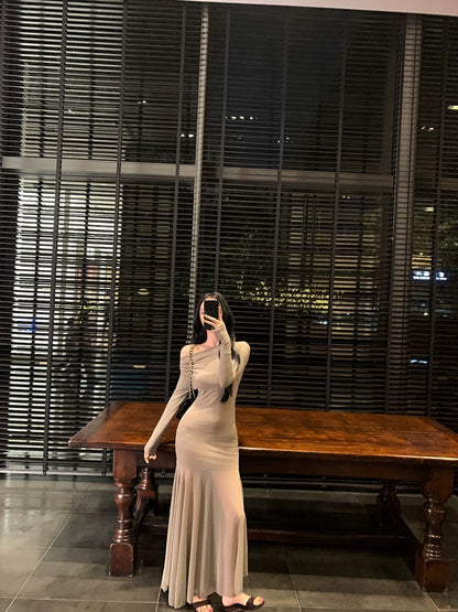 Kumikumi Temperament Retro Khaki Long Sleeve Dress Women's Summer Elastic Slim Fit Off-shoulder Long Dress