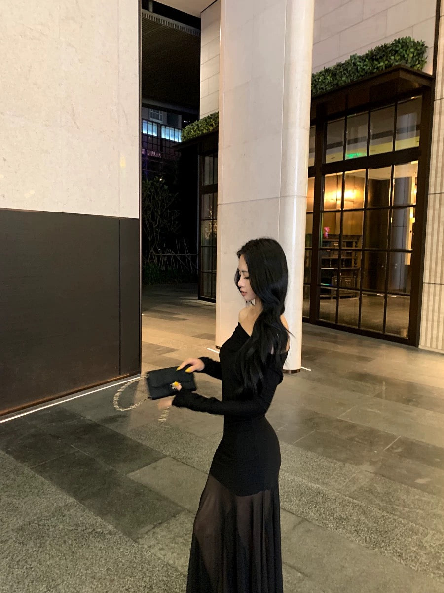 Kumikumi Temperament Retro Khaki Long Sleeve Dress Women's Summer Elastic Slim Fit Off-shoulder Long Dress
