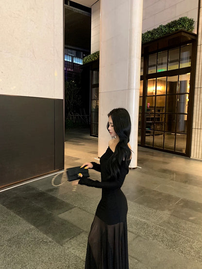 Kumikumi Temperament Retro Khaki Long Sleeve Dress Women's Summer Elastic Slim Fit Off-shoulder Long Dress