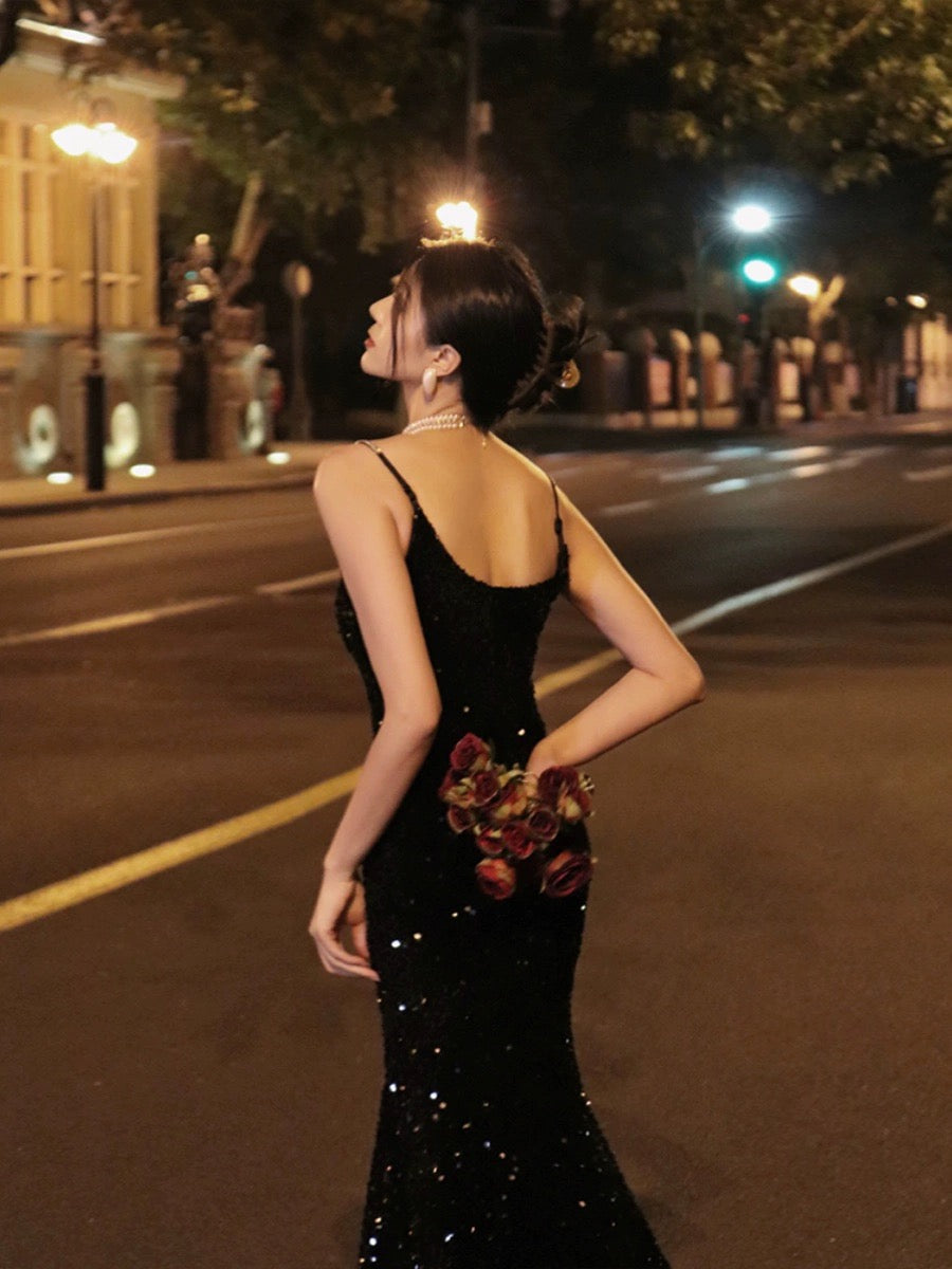Thirteen and Little French suspender dress for women autumn velvet fishtail temperament black sequin evening dress
