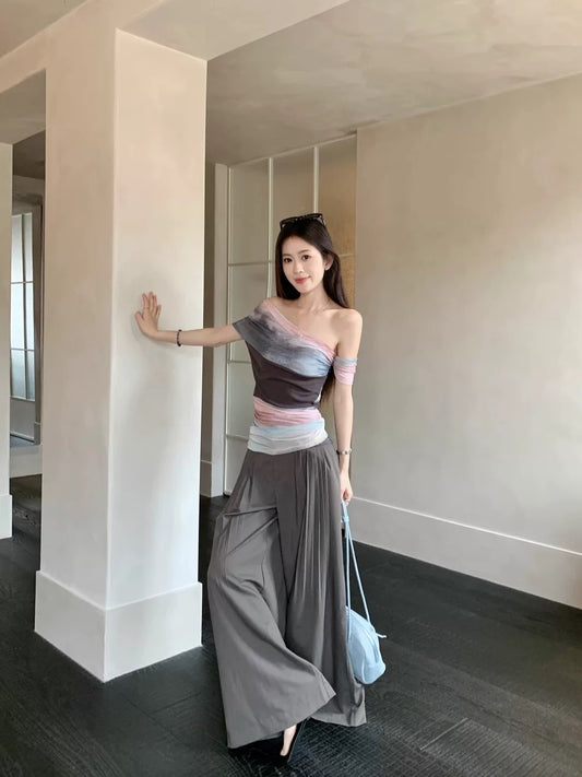 Kumikumi fashion suit retro smudge print off-shoulder T-shirt women's summer casual pants wide-leg pants two-piece suit