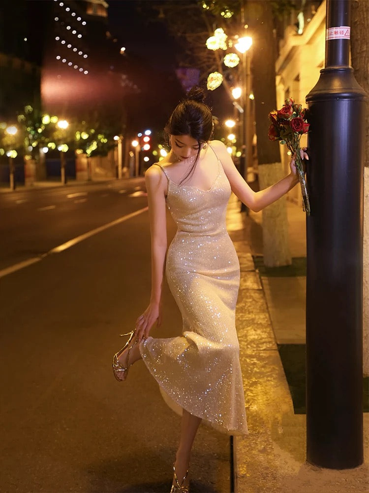Thirteen and Little French suspender dress for women autumn velvet fishtail temperament black sequin evening dress
