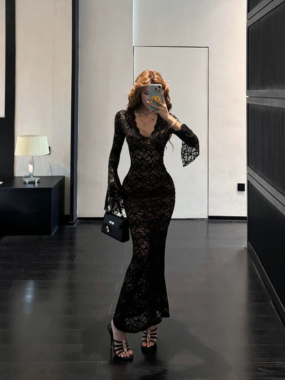 Dust Deng Deng lace dress women's 2024 autumn French style long skirt hip-covering skirt slim waist skirt