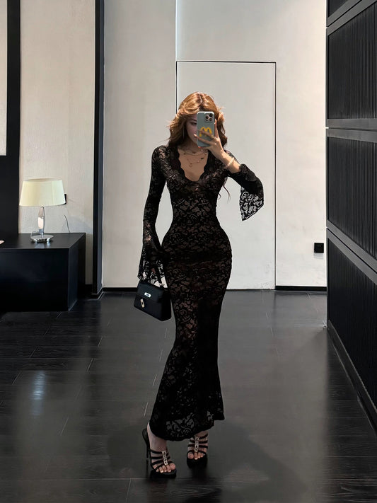 Dust Deng Deng lace dress women's 2024 autumn French style long skirt hip-covering skirt slim waist skirt