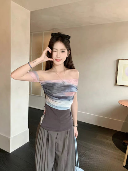 Kumikumi fashion suit retro smudge print off-shoulder T-shirt women's summer casual pants wide-leg pants two-piece suit
