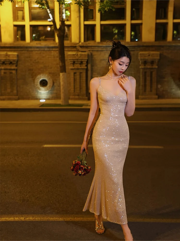 Thirteen and Little French suspender dress for women autumn velvet fishtail temperament black sequin evening dress