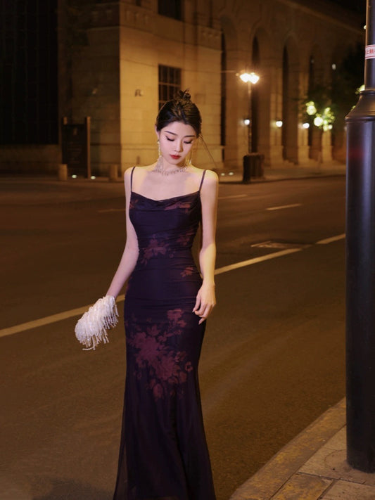 Thirteen and Little French suspender dress for women summer purple printed mesh retro slim fishtail long skirt