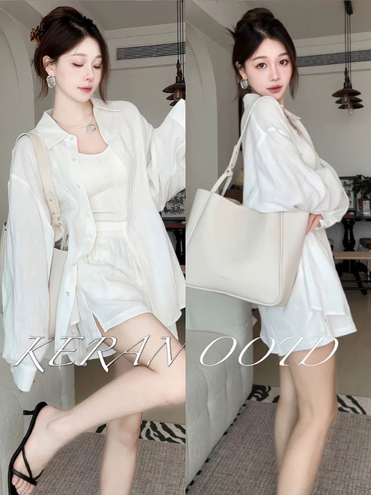 Spot KUAN JI2024 Summer Silhouette French Lazy Old Money Feeling Linen Shirt Shorts Suit Women