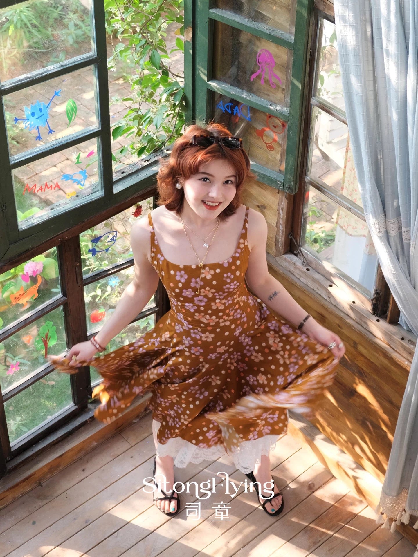 Sitong 【Golden Party】Caramel Floral Waist-cinching Dress, New Summer Style, A-line Short Skirt for Women