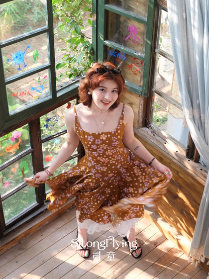 Sitong 【Golden Party】Caramel Floral Waist-cinching Dress, New Summer Style, A-line Short Skirt for Women