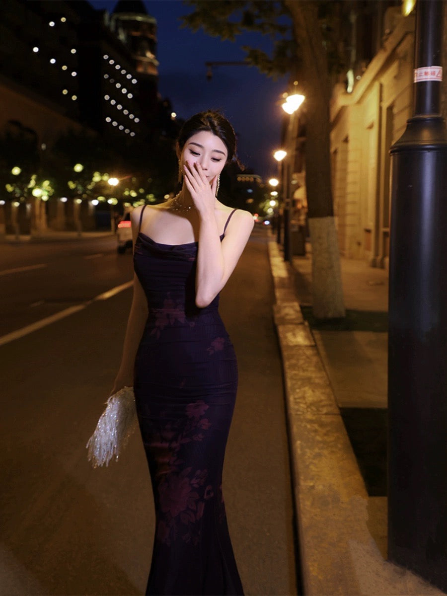 Thirteen and Little French suspender dress for women summer purple printed mesh retro slim fishtail long skirt