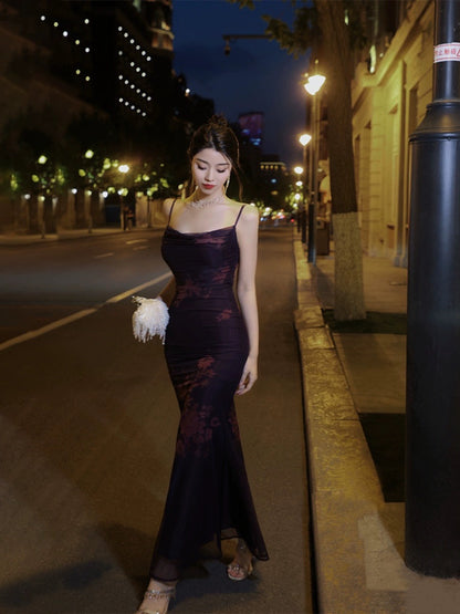 Thirteen and Little French suspender dress for women summer purple printed mesh retro slim fishtail long skirt