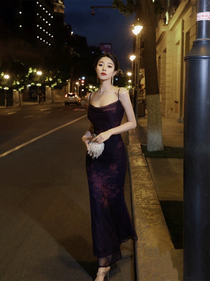 Thirteen and Little French suspender dress for women summer purple printed mesh retro slim fishtail long skirt