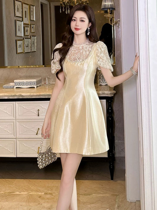 European Station Acetate Dress Summer Women's Lace Splicing Temperament Socialite High-End Light Luxury Niche Dress A-Line Skirt