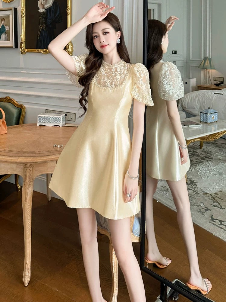 European Station Acetate Dress Summer Women's Lace Splicing Temperament Socialite High-End Light Luxury Niche Dress A-Line Skirt