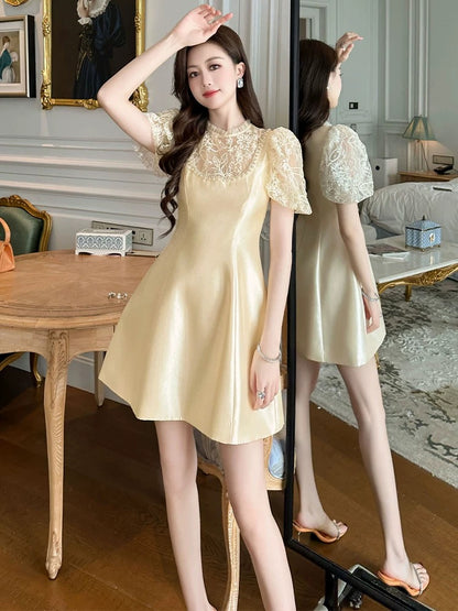 European Station Acetate Dress Summer Women's Lace Splicing Temperament Socialite High-End Light Luxury Niche Dress A-Line Skirt