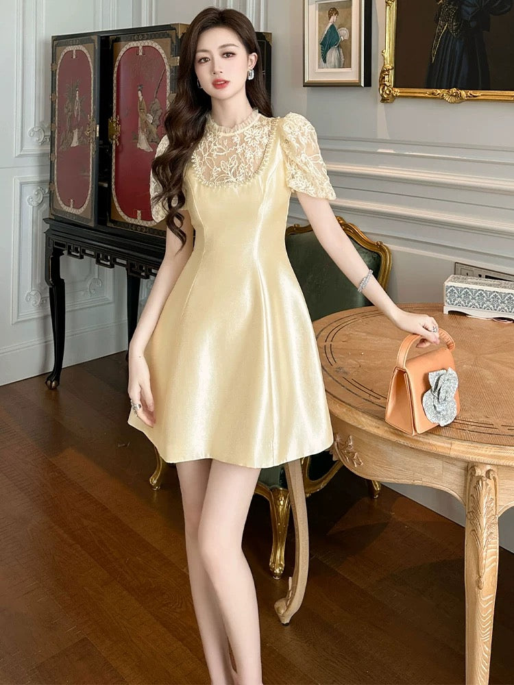 European Station Acetate Dress Summer Women's Lace Splicing Temperament Socialite High-End Light Luxury Niche Dress A-Line Skirt