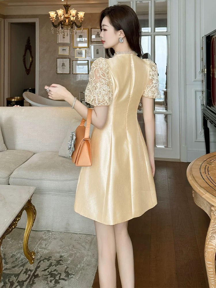 European Station Acetate Dress Summer Women's Lace Splicing Temperament Socialite High-End Light Luxury Niche Dress A-Line Skirt