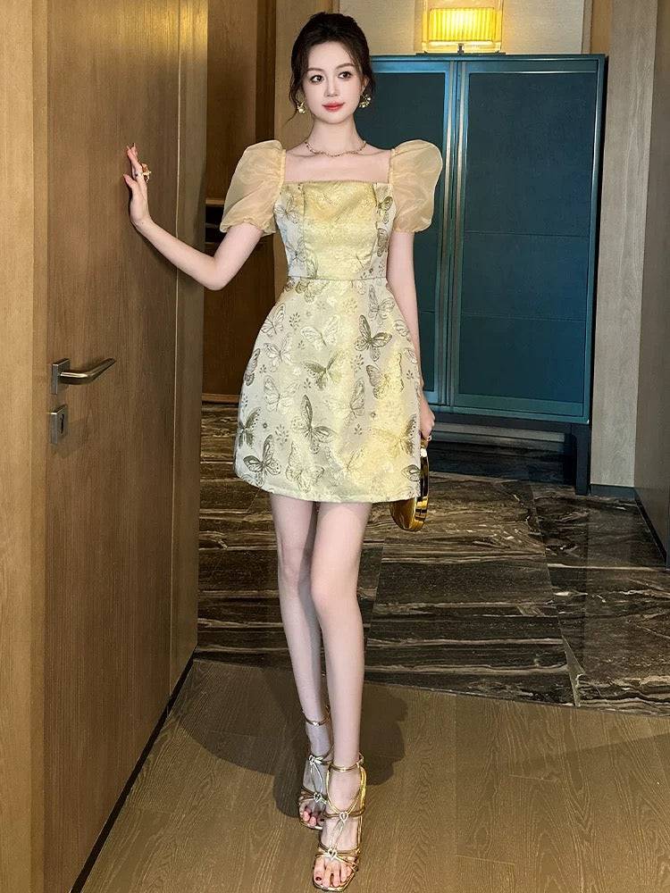 European big-name high-end dress for women in summer with square collar for celebrities, petite, light luxury, high-end, waist-cinching A-line skirt