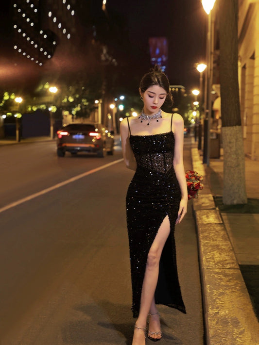 Thirteen and Little Black Suspender Dress for Women Summer Sequined Hollow Slit Banquet Style Evening Dress