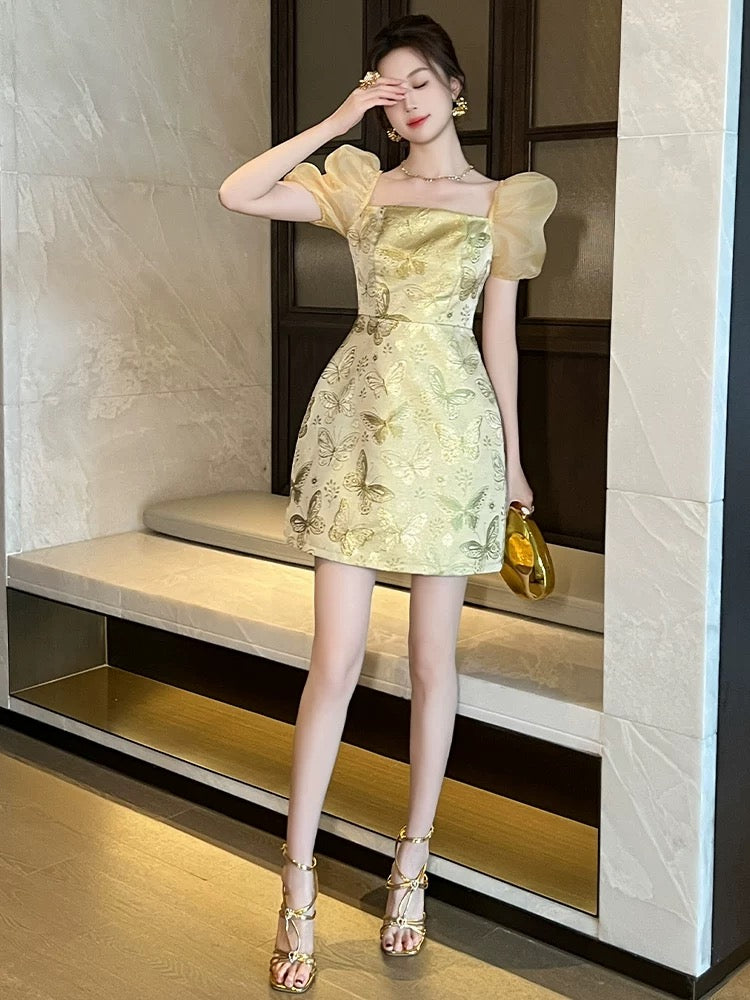 European big-name high-end dress for women in summer with square collar for celebrities, petite, light luxury, high-end, waist-cinching A-line skirt