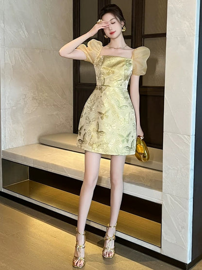European big-name high-end dress for women in summer with square collar for celebrities, petite, light luxury, high-end, waist-cinching A-line skirt