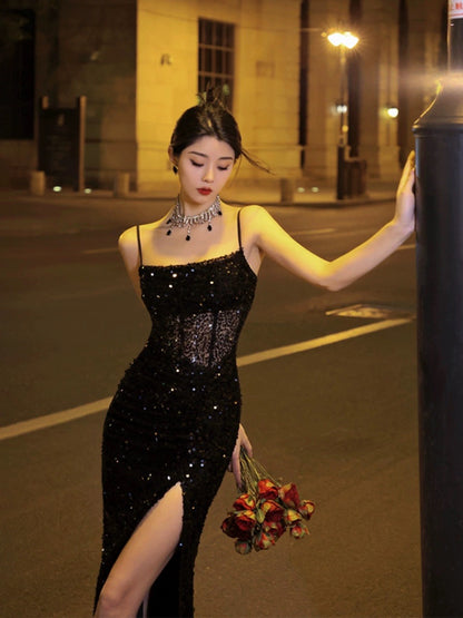 Thirteen and Little Black Suspender Dress for Women Summer Sequined Hollow Slit Banquet Style Evening Dress