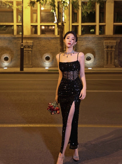 Thirteen and Little Black Suspender Dress for Women Summer Sequined Hollow Slit Banquet Style Evening Dress