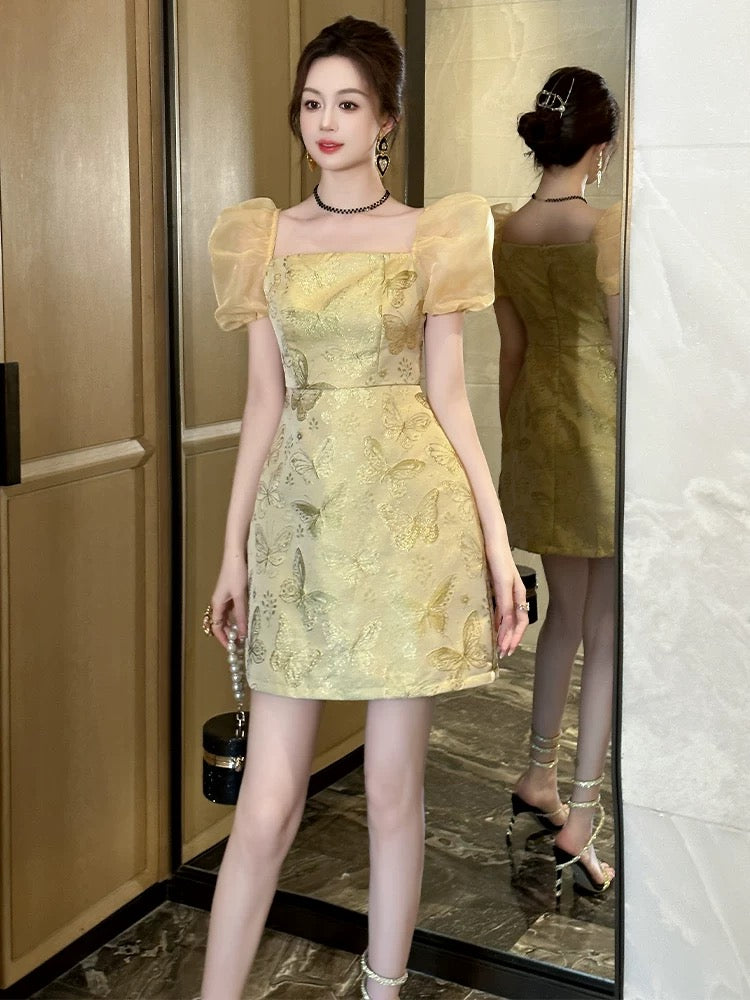 European big-name high-end dress for women in summer with square collar for celebrities, petite, light luxury, high-end, waist-cinching A-line skirt