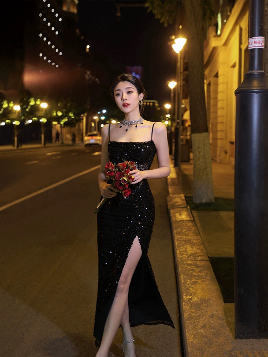 Thirteen and Little Black Suspender Dress for Women Summer Sequined Hollow Slit Banquet Style Evening Dress