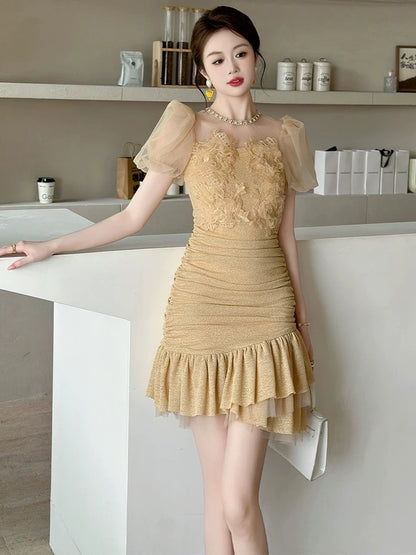 European station fishtail dress women's summer high-end small French style puff sleeves pleated slim hip skirt