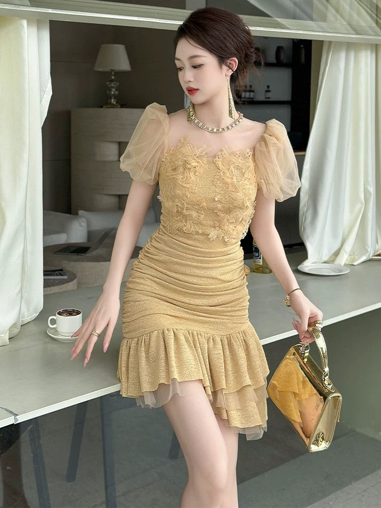 European station fishtail dress women's summer high-end small French style puff sleeves pleated slim hip skirt