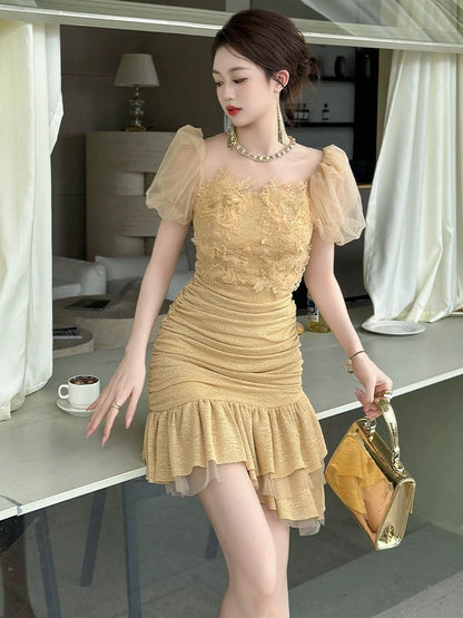 European station fishtail dress women's summer high-end small French style puff sleeves pleated slim hip skirt