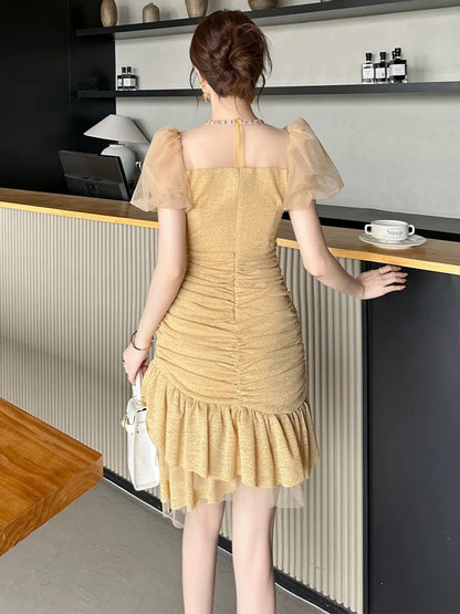 European station fishtail dress women's summer high-end small French style puff sleeves pleated slim hip skirt