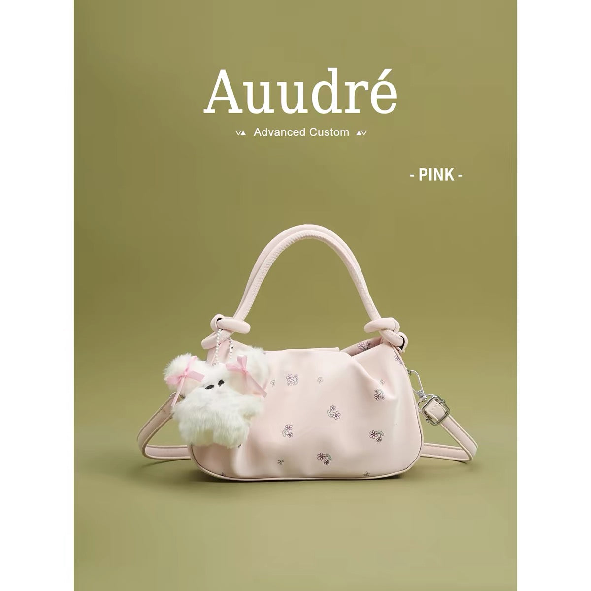 Auudre niche design pleated pink handbag for women, new summer 2026 style, fashionable crossbody bag.