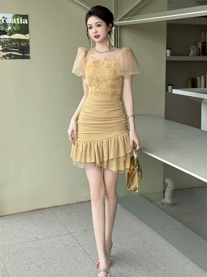 European station fishtail dress women's summer high-end small French style puff sleeves pleated slim hip skirt