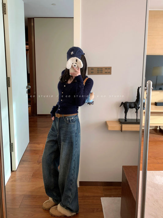 e go studio Women's Cotton-lined Fleece Lined Inner Layer Washed Blue Winter Slightly Flared Straight Wide-Leg Jeans, Loose Fit