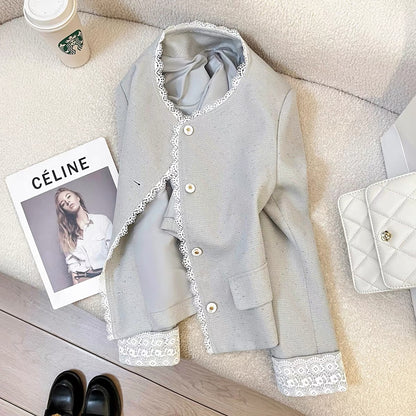 2025 autumn new blue exquisite lace small fragrance style short jacket female cold Korean style age-reducing casual tops