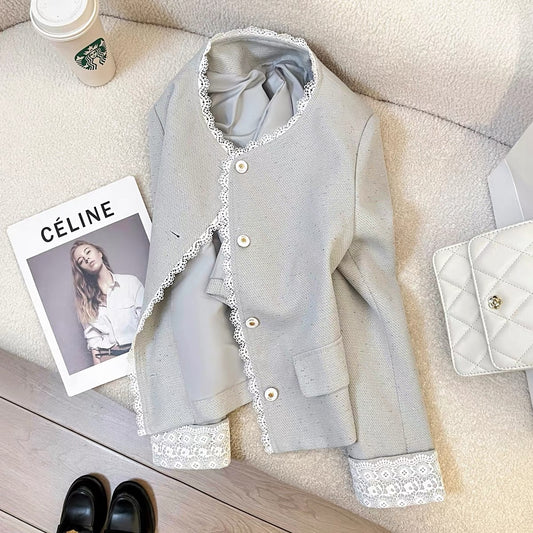 2025 autumn new blue exquisite lace small fragrance style short jacket female cold Korean style age-reducing casual tops