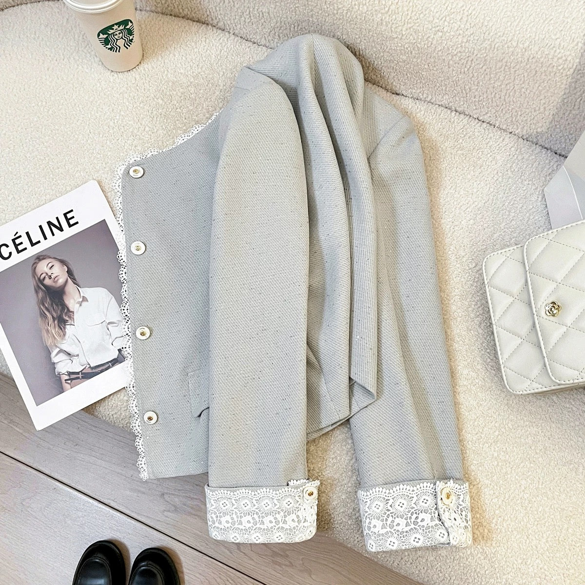 2025 autumn new blue exquisite lace small fragrance style short jacket female cold Korean style age-reducing casual tops