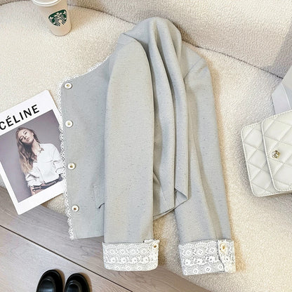 2025 autumn new blue exquisite lace small fragrance style short jacket female cold Korean style age-reducing casual tops